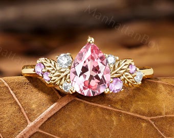 Padparadscha Engagement Ring - Pink Sapphire Leaf Ring - Cluster Wedding Ring by ManhattanBox