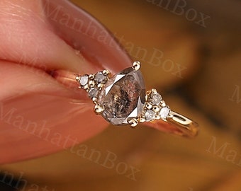 Vintage Salt and Pepper Diamond engagement ring Unique Pear shaped ring rose gold Diamond cluster bridal ring prmise Anniversary ring