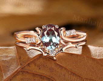 Vintage Oval Cut Lab Alexandrite Engagement Ring Set Rose Gold Round Cut Moissanite Ring Branch Curved Wedding Band Stacking Bridal Set