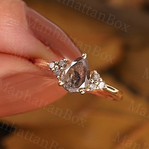 Vintage Salt and Pepper Diamond Engagement Ring - Pear Shape Rose Gold Wedding Ring - Cluster Promise Ring by ManhattanBox