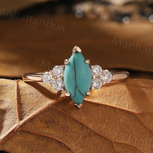 Marquise Turquoise engagement ring rose gold | Antique Diamond cluster bridal ring | Unique half eternity ring Anniversary ring