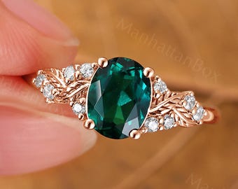 Emerald Engagement Ring - Moissanite Leaf Bridal Ring - Vintage Promise Ring by ManhattanBox