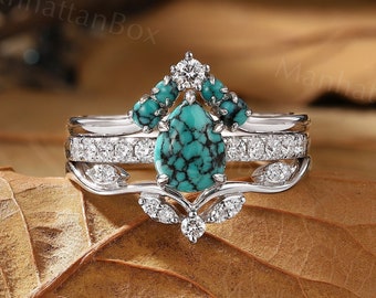 Turquoise engagement ring set vintage pear cut turquoise ring set white gold ring set art deco diamond ring set Unique bridal sets