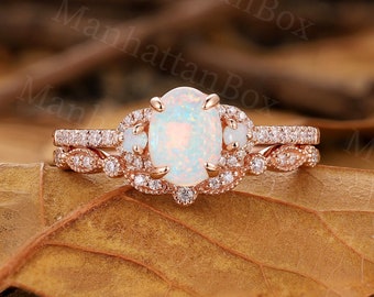 Vintage Opal Engagement Ring Set - Rose Gold Antique Wedding Ring Set - Unique Diamond Half Eternity Milgrain Curved Band by ManhattanBox