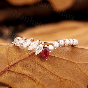Vintage Ruby wedding band rose gold | Round Pearl matching band | Unique Moissanite Stacking curved wedding ring | Marquise Anniversary ring