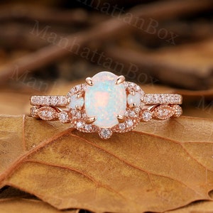 Vintage Opal Engagement Ring Set - Rose Gold Antique Wedding Ring Set - Unique Diamond Half Eternity Milgrain Curved Band by ManhattanBox