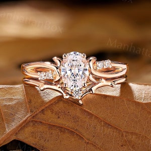 Vintage Oval Moissanite Engagement Ring Set Rose Gold Unique Twig Handmade Round Bridal set Twist Wedding Anniversary promise ring