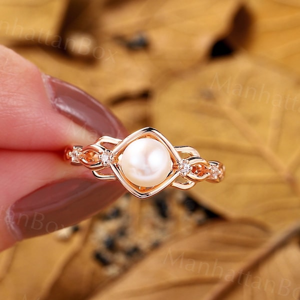 Akoya Pearl Engagement Ring Rose Gold Vintage branch design Bridal Ring Antique Round Cut Diamond Wedding Ring Anniversary Promise Ring