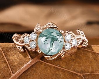Moss Agate Engagement Ring - Rose Gold Leaf Ring - Nature Inspired Bridal Ring by ManhattanBox