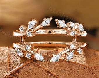Moissanite Leaf Ring Enhancer - Rose Gold Wedding Band - Nature Inspired Ring by ManhattanBox