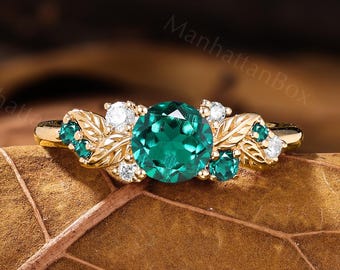 Emerald Engagement Ring - Vintage Leaf Gold Ring - Nature Inspired Women RIng by ManhattanBox