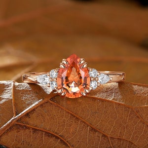Vintage Tear Drop Sunstone Engagement Ring - Art Deco Rose Gold Diamond Cluster Wedding Ring - Unique Orange Stone Promise by ManhattanBox