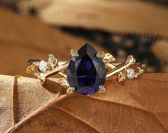 Vintage Lab Royal Blue Sapphire engagement ring Art deco Pear Cut ring Unique leaf diamond ring Antique Branch Anniversary ring