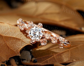 Floral Round cut Moissanite Engagement Ring Rose gold Vintage nature inspired Solitaire Bridal Ring Unique Anniversary promise women ring