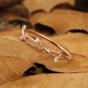 Natural Diamond Wedding band Rose gold Delicate Twig Wedding ring Dainty Branch Stackable Twist Bridal Ring Unique Promise Ring women