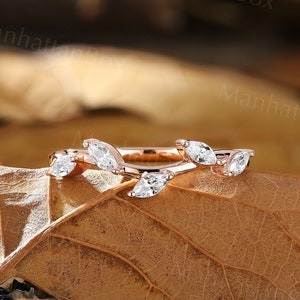 Nature Inspired Wedding Band - Rose Gold Delicate Marquise Moissanite Stacking Ring - Unique Leaf Twig Matching Ring Women by ManhattanBox