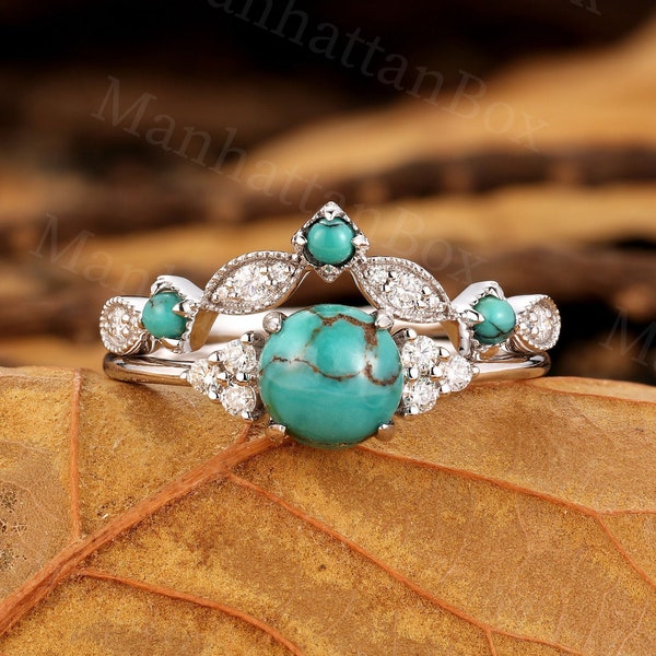 Vintage Turquoise engagement ring set white gold ring set art deco moissanite diamond ring set | Unique Round cut Anniversary ring set