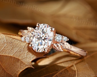 Vintage oval shape moissanite engagement ring rose gold ring delicate leaf ring unique art deco ring anniversary simple promise bridal ring