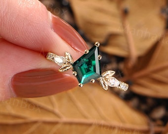 Lab Emerald Engagement Ring Yellow Gold Nature Inspired Leaf Kite Shape Bridal Ring Unique Marquise Cut Pave Ring Anniversary Promise Ring