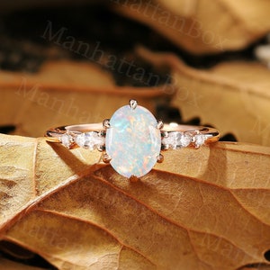 Unique Oval Natural Opal Engagement Ring - Delicate Rose Gold Wedding Ring with Marquise Diamond - Women&#39;s Promise Ring by ManhattanBox