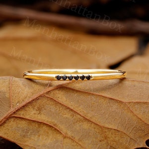 Delicate Black diamond wedding band | Dainty yellow gold matching band | Unique Minimalist Stacking Band art deco Anniversary Promise ring