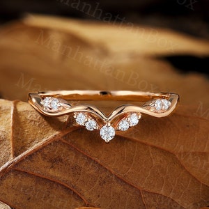 Rose Gold Diamond Curved Wedding Band - Olive Branch Moissanite Promise Ring - Antique Stackable Matching Band by ManhattanBox