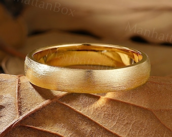 4mm 14K 18K Yellow Gold Matte Wedding Band for Men - Classic Brushed Plain Gold Ring - Unisex Timeless Comfort Fit Band by ManhattanBox