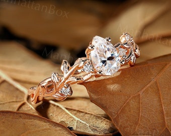 Vintage pear shape moissanite engagement ring rose gold art deco diamond leaf design ring branch twist ring anniversary promise bridal ring