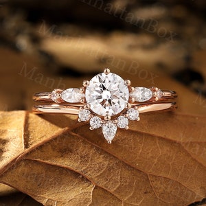 Round Moissanite engagement ring set| art deco rose gold wedding ring set| Unique Diamond curved Bridal ring|Unique Anniversary Promise ring