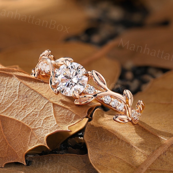 Nature inspired Round cut moissanite engagement ring Vintage pave ring branch ring delicate leaf ring unique anniversary promise bridal ring