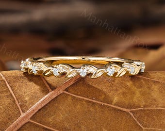 Botanical Diamond Band - Gold Leaf Wedding Ring - Delicate Stacking Ring by ManhattanBox
