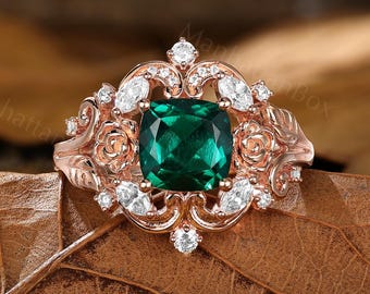 Floral Emerald Bridal Ring - Cushion Cut Engagement Ring - Vintage Art Nouveau Ring by ManhattanBox