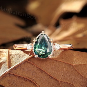 Teardrop Teal Sapphire Engagement Ring Rose Gold Nature inspired Moissanite Halo Bridal Ring Vintage Pear Wedding ring
