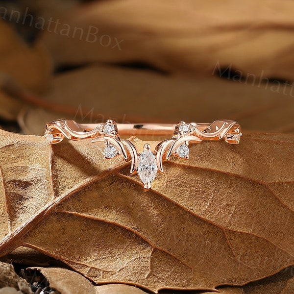 Nature inspired Diamond wedding band rose gold ring Round cut Marquise cut Moissanite curved matching band Bridal ring twig ring branch ring