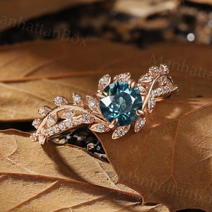 Round Teal Sapphire Twig Engagement Ring Rose Gold Art Deco Leaf Natural Inspired Engagement Ring Floral Ring Antique Wedding Promise Ring image 5