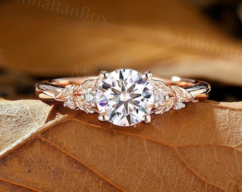 Vintage Round Shape Moissanite Engagement Ring Delicate Rose Gold Leaf Ring Unique Diamond Birthstone Ring Anniversary Promise Bridal Ring