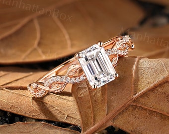 Vintage Emerald Cut Moissanite Engagement Ring Rose Gold Antique Diamond Twist Bridal Ring Leaf Design Wedding Anniversary Promise Ring