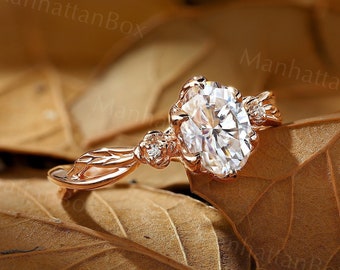 Floral oval cut moissanite engagement ring rose gold unique leaf design twist bridal ring vintage anniversary promise wedding ring women