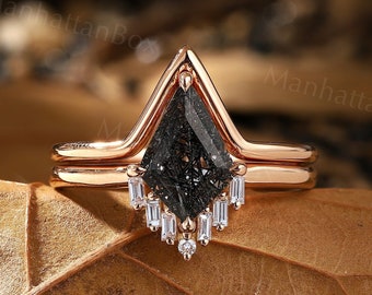 Art deco kite cut Black Rutilated Quartz engagement ring set Rose gold bridal set Baguette shape Moissanite CZ Diamond ring Chevron band