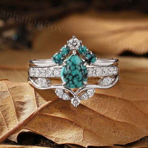 Antique Natural Turquoise Engagement Ring Set - Vintage White Gold Teardrop Wedding Set - Unique Curved Matching Ring by ManhattanBox