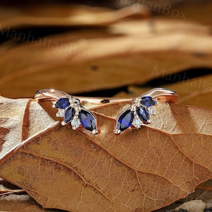 Sapphire Curved Wedding Band - Marquise Diamond Rose Gold Promise Ring - Vintage Open Stacking Ring by ManhattanBox