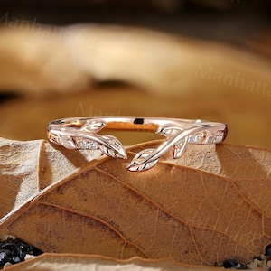 Nature Inspired Leaf Curved Wedding Band - Delicate Rose Gold Diamond Stackable Matching Ring - Unique Open Ring by ManhattanBox