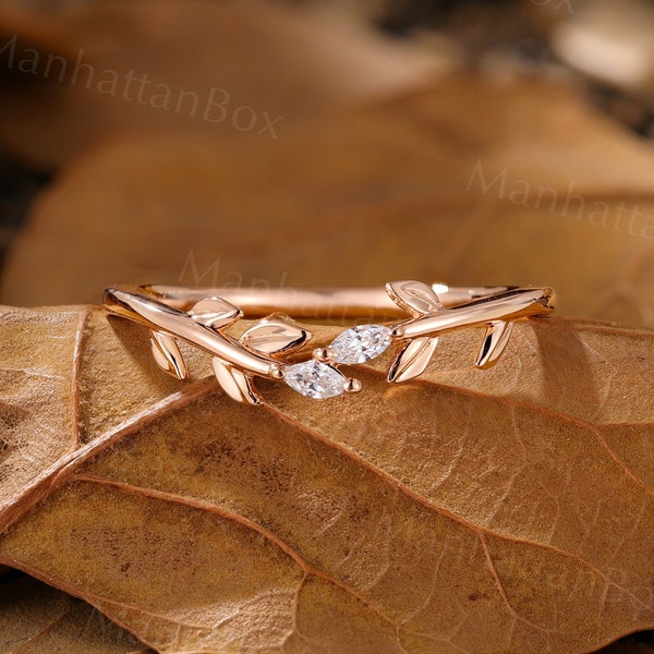 Marquise cut Diamond leaf Wedding Band Rose Gold Vintage Open Bridal ring Delicate Stacking matching curved wedding ring Anniversary ring