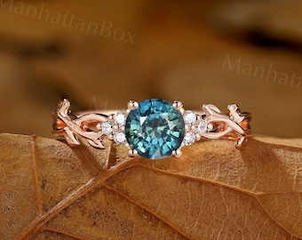 Vintage Round Cut Teal Sapphire Engagement Ring Antique Rose Gold Branch Moissanite Ring Leaf Natural Diamond Ring Anniversary Promise Ring