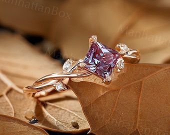 Princess cut lab alexandrite engagement Rose gold Vintage twig Diamond wedding ring Unique leaf design moissanite anniversary promise ring
