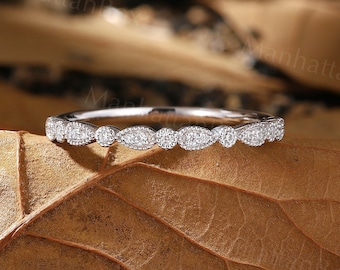 Art deco Diamond wedding band white gold Vintage Round Moissanite milgrain matching band Half eternity Stacking Band Anniversary ring