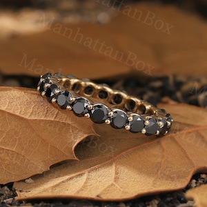 Black Onyx Full Eternity Band - Yellow Gold Stackable Wedding Ring - Vintage Brilliant Bold Anniversary Band by ManhattanBox