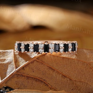 Antique Black Onyx Wedding Band - Vintage Baguette Moissanite Stackable Ring - Unisex Matching Rose Gold Promise Ring by ManhattanBox