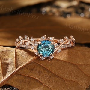 Round Teal Sapphire Twig Engagement Ring Rose Gold Art Deco Leaf Natural Inspired Engagement Ring Floral Ring Antique Wedding Promise Ring image 1