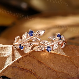 Nature Inspired Leaf Wedding Band Rose Gold Round Sapphire Bridal Ring Minimalist Open Wedding Season Ring Unique Promise Ring